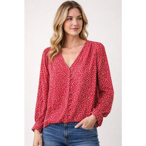 Madewell Red Floral Long Sleeve Blouse Size M V-Neck Button Front